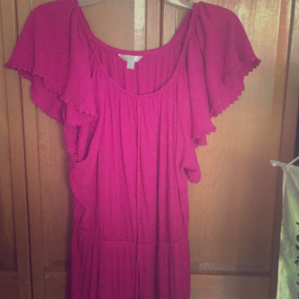 Long magenta flutter sleeve dress